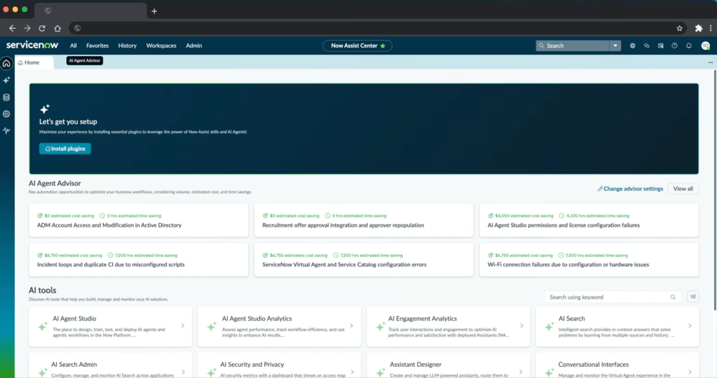 AI Agent Advisor in Now Assist Center, with four detected opportunities and the AI Tools catalogue underneath.